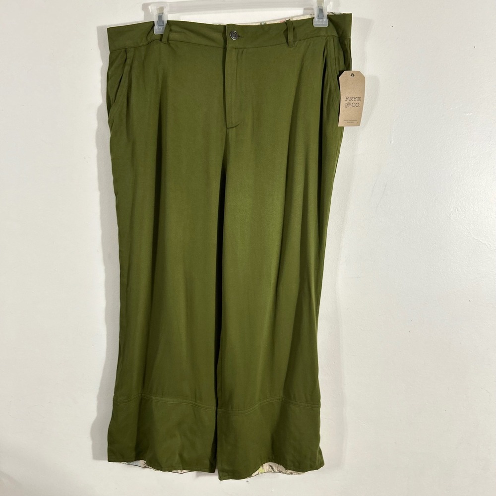 Frye and Co Wide Leg Pants Women XXL Woodland Green NWT Floral Hem Boho Utility